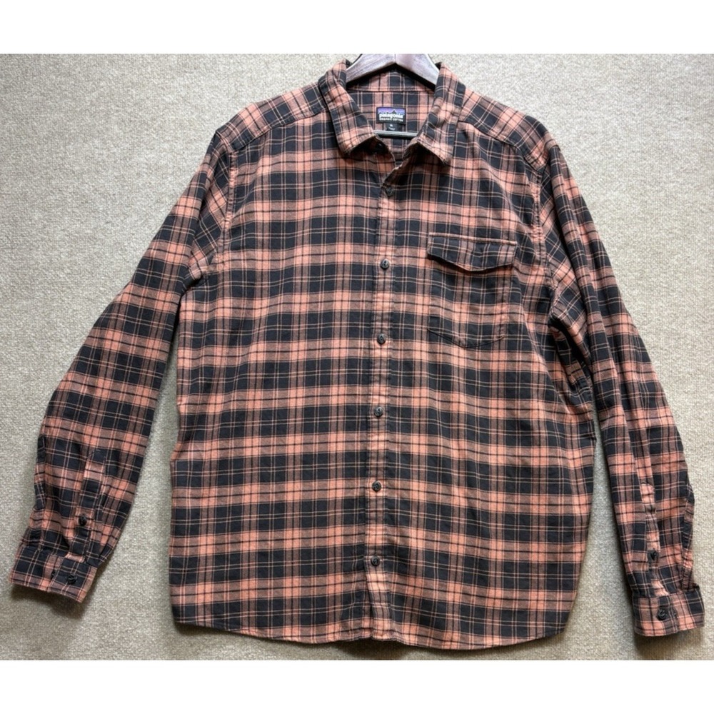 Patagonia Fjord Men's Flannel Shirt Plaid XL Orange Black Organic Cotton GUC